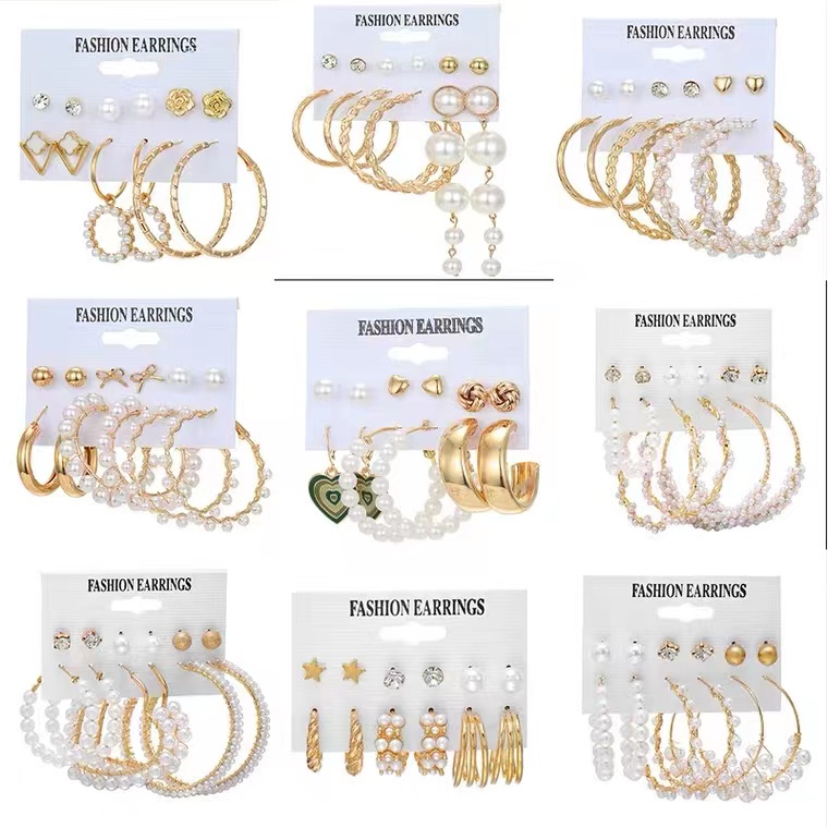 Ifyou Retro Mutiara Kupu-Kupu Hoop Earrings Set Fashion Kristal Rumbai Emas Stud Earrings Untuk Wanita Perhiasan Aksesoris