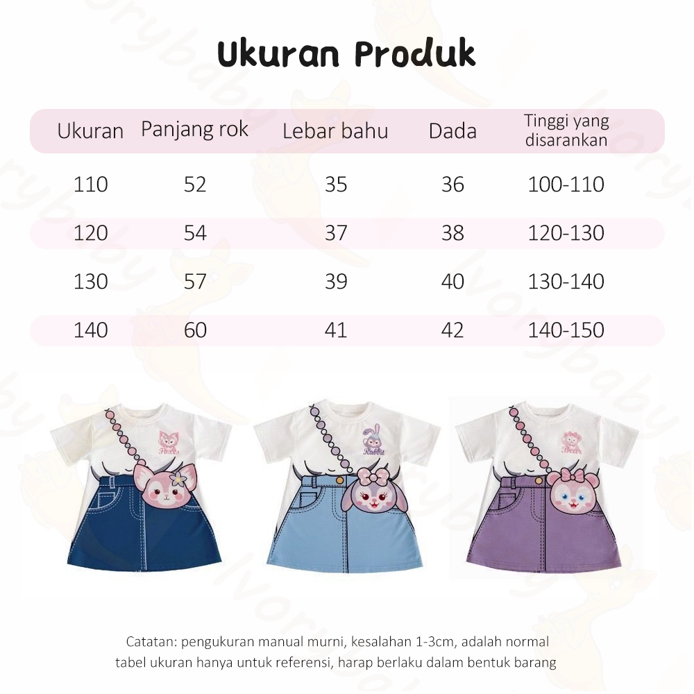 Ivorybaby Gaun anak perempuan baru Rok kasual bayi motif kelinci Dres kaos anak