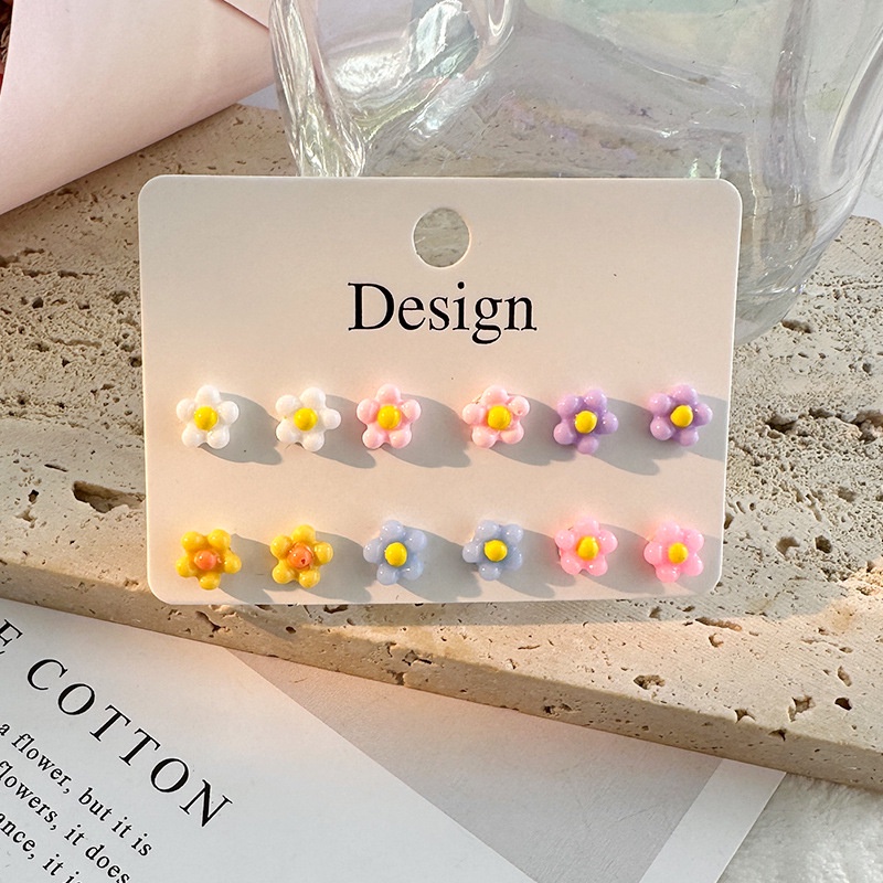 6pasang/set Anting Tusuk Simple Bunga Matahari Flower Geometric Untuk Anak Perempuan