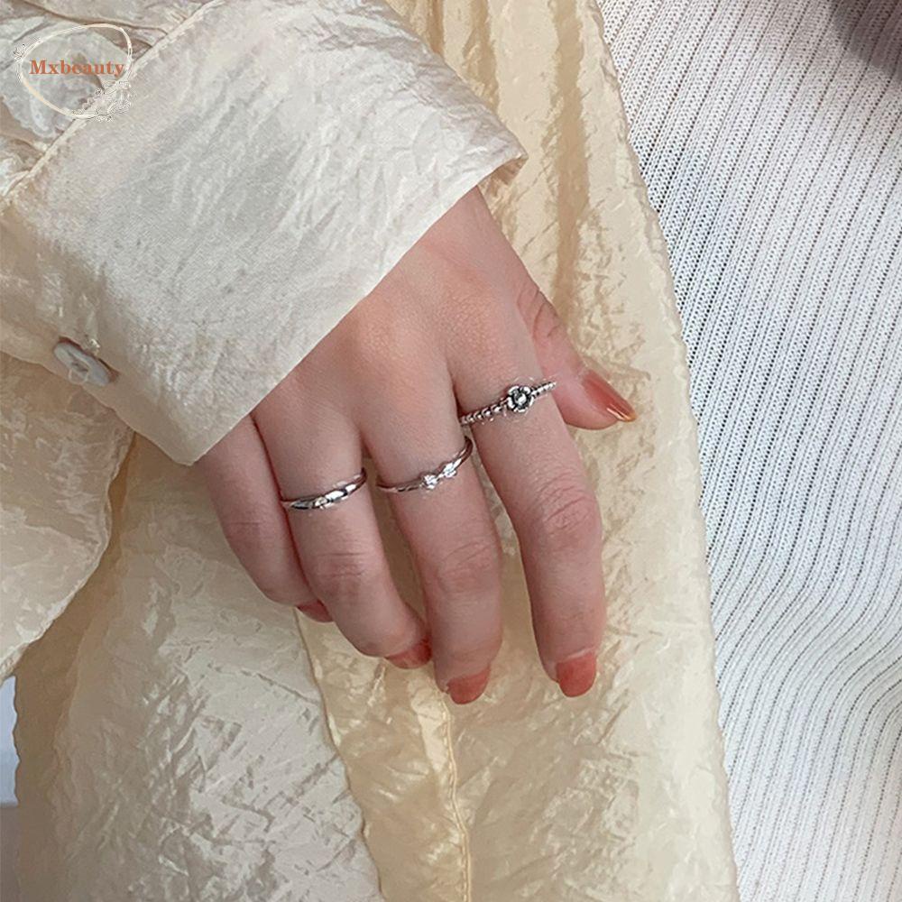 Mxbeauty Cincin Manik Perak Minoritas Manis Unik Elastis Rings Rantai Cinta Hati Perhiasan Aksesoris Beruang Alloy Geometris Rings