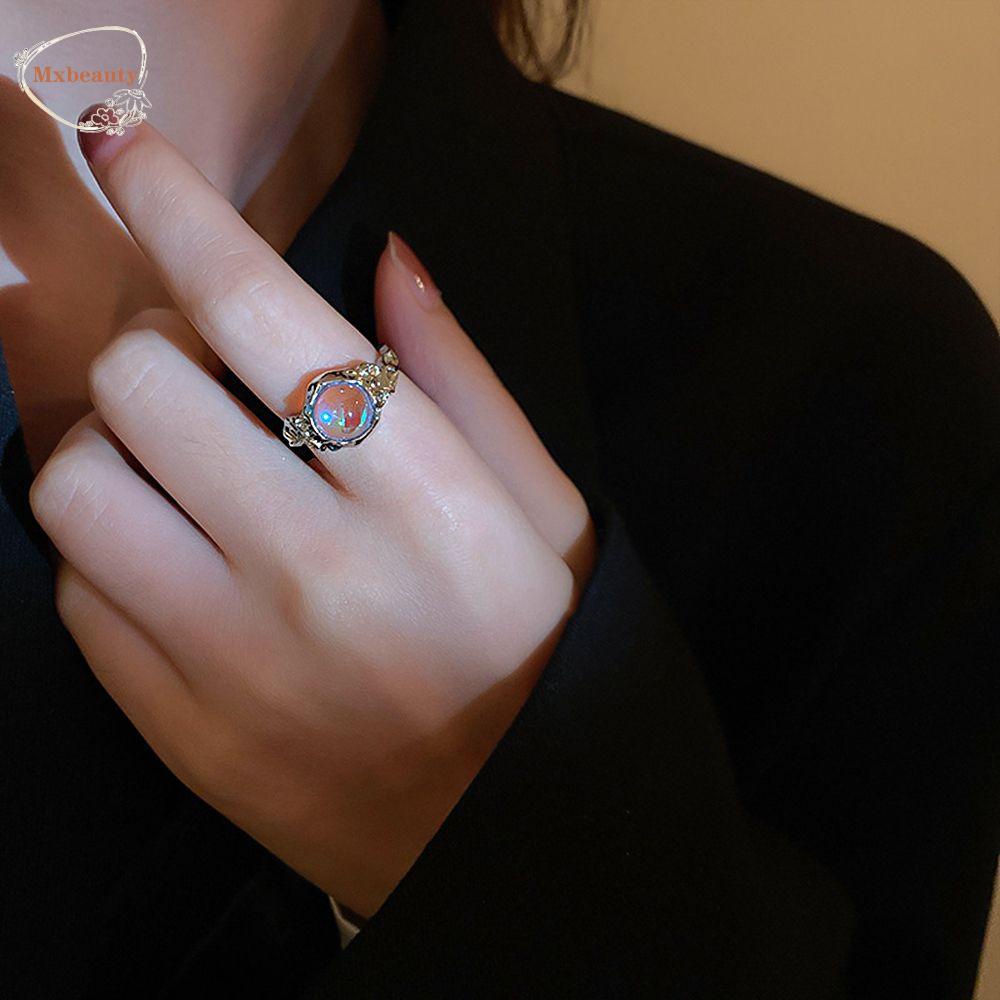 Mxbeauty Wanita Cincin Trendi Ringan Mewah Sederhana Opal Berlian Imitasi Tembaga Zirkon Moonstone Kristal Perempuan Terbuka Ring