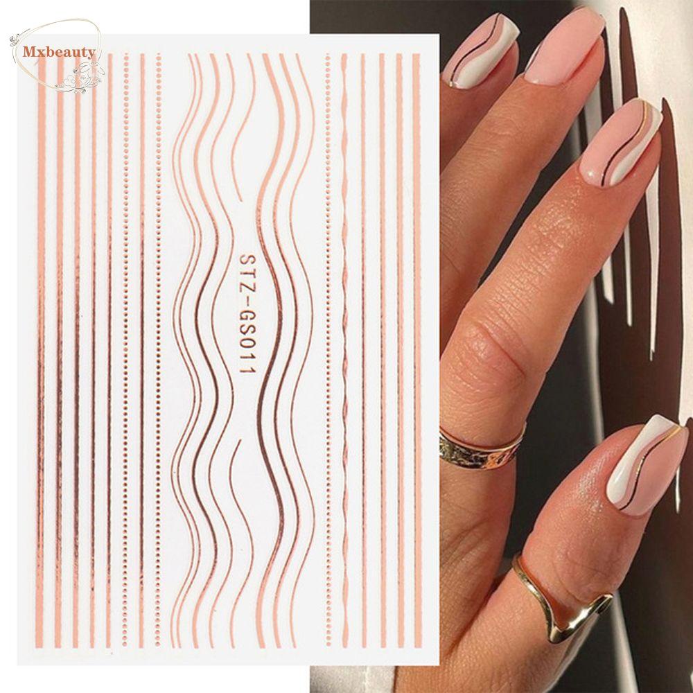 MXBEAUTY Girls Nail Art Decorations Rose Gold Manicure Accessories 3D Lines Nail Sticker Women Metal Stripe Lines Curve Letters Self-Adhesive Nail Art Sliders DIY Nail Decals