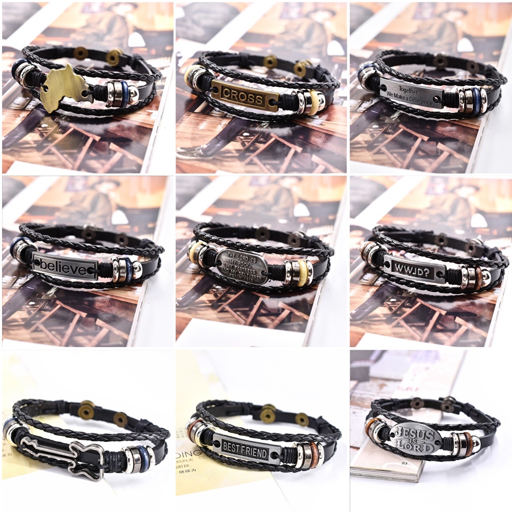 [XC Gelang] Fashionable Pria Empat Tombol Gelang Kulit Hip-hop Punk Gothic Retro Multi-layer Kulit Anyaman Gelang Perhiasan Aksesoris