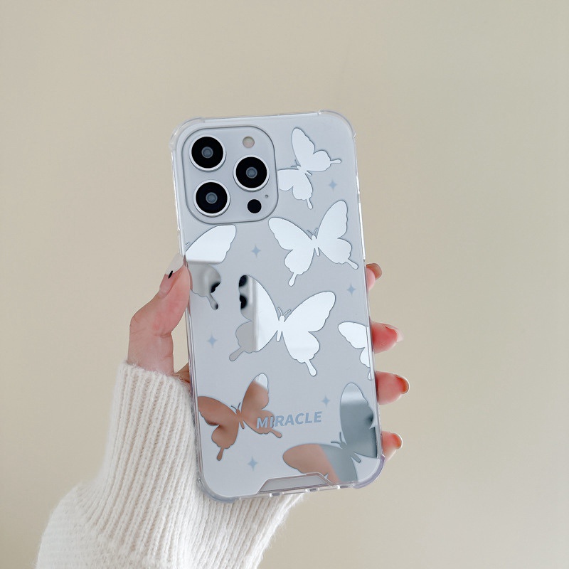 [Anti Jatuh Cermin] Pretty Silver Makeup Silikon Soft Case IPhone 6S 7 8 Plus X XR XS Max IPhone 11 12 13 14 Pro Max 14 Plus7+8+12 13 mini Untuk Wanita Cewek Pretty Butterfly