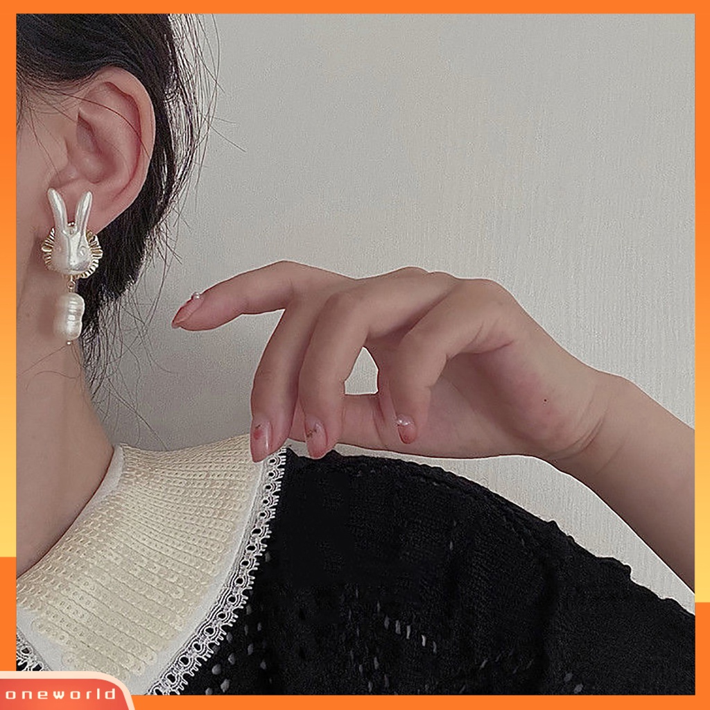 [EONE] 1pasang Ladies Earrings Trendy Good-looking Elegan Pakaian Sehari-Hari Alloy Rabbit Faux Pearl Drop Earrings Aksesoris Pesta