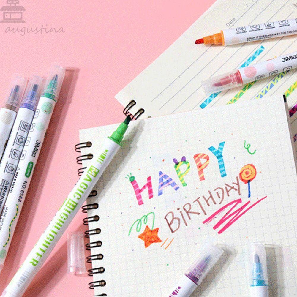 Pena Stabilo Berkepala Ganda Agustina Kawaii Hadiah Perlengkapan Menulis Gaya Jepang Alat Tulis Kantor Spidol Set Bolpen Neon Warna Garis Tengah