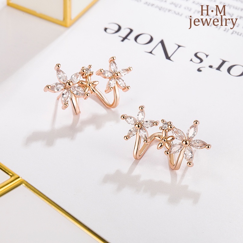 S925 Perak Manis Segar Lady Anting Bunga Melengkung Telinga Klip Vintage Bertatahkan AAA Zirkon Telinga Studs