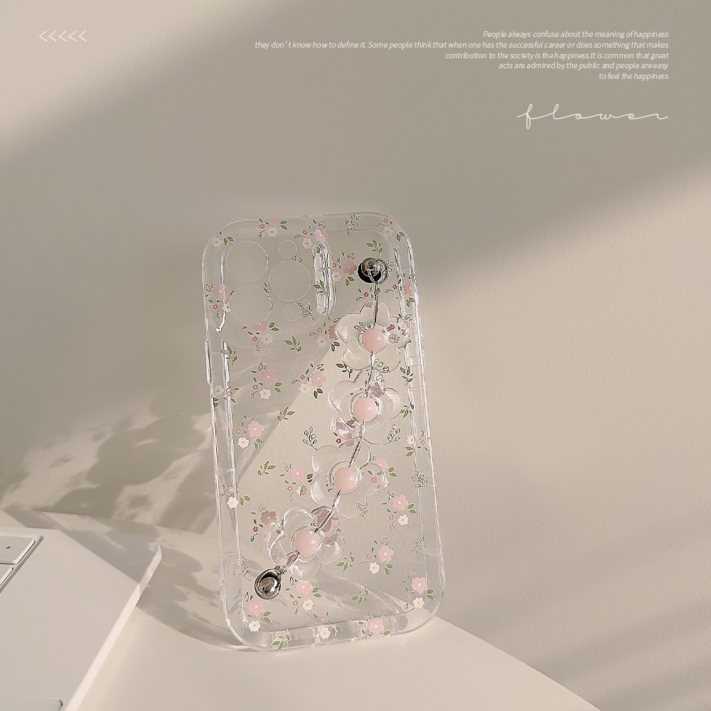 IPHONE Ins Pink Flower Case Silikon Dengan Rantai Bunga Untuk Iphone14 11 12 13 PRO MAX Casing Cover Pelindung AT0241