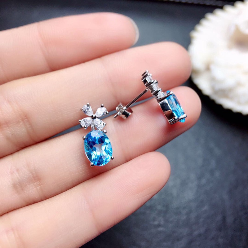 Sky Blue Cubic Zirconia Bunga Stud Anting Wanita Pertunangan Pesta Temperamen Aksesori Manis Perhiasan Fashion