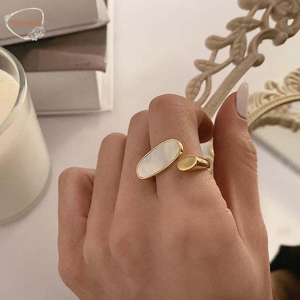 Mxbeauty Cincin Wanita Pernikahan Elegan Warna Emas Oval Geometris Fritillaria Open Ring