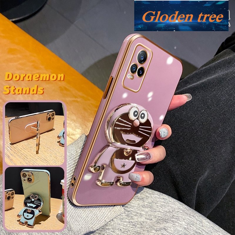 Gloden tree Casing Untuk vivo v21e y73 2021 Case Fashion Kartun Doraemon Lipat Stand Phone Case Electroplating Shockproof Phone Holder Case