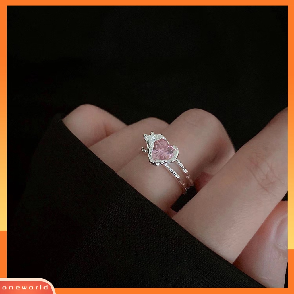 [EONE] Fashion Cincin Adjustable Indah Cahaya Mewah Desain Pembukaan Bersinar Pakaian Sehari-Hari Tembaga Pink Cinta Zirkon Wanita Cincin Perhiasan Aksesori