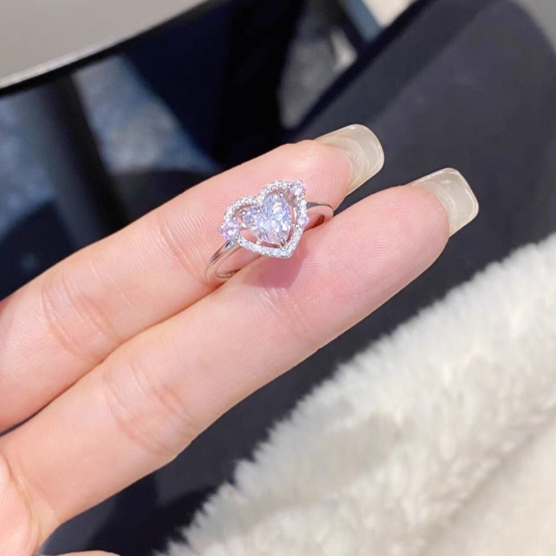 Sweet Pink Zircon Heart Ring Cincin Kristal Silver Untuk Aksesoris Perhiasan Wanita