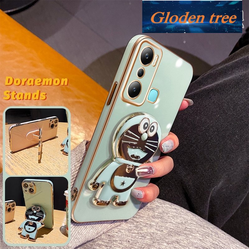 Gloden tree Casing Untuk Infinix Hot 20i Case Fashion Kartun Doraemon Lipat Stand Phone Case Electroplating Shockproof Phone Holder Case