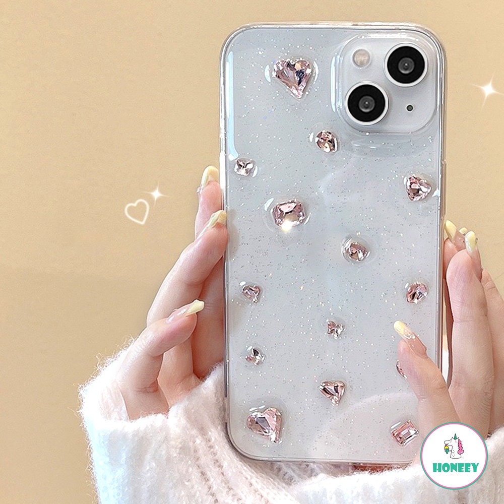 IPHONE Mewah Pink Lucu 3D Cinta Hati Berlian Mengkilap Bening Lembut Casing Ponsel Untuk Iphone12 14 13 11 Pro Max Glitter Berlian Imitasi Cover