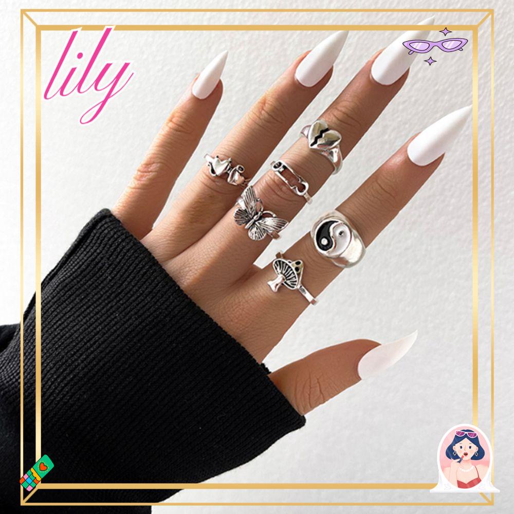 Lily 6Pcs/Set Cincin Retro Set Hadiah Untuk Wanita Pria Pesta Hip Hop Pola Hati