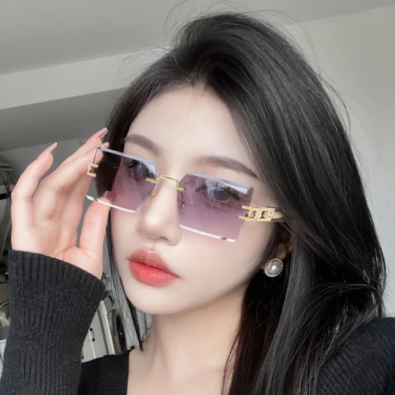 (YUZHU) Bingkai Persegi Serat Kayu Ltemple Kacamata Hitam Untuk Wanita Punk Fashion Metal Rimless Gradient Sunglasses