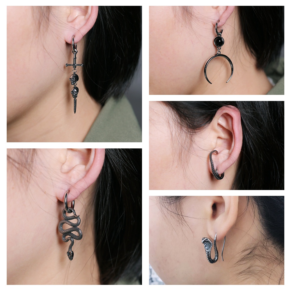 1pasang Stainless Steel Punk Anting Tengkorak Cross Hoop Earrings Ular Kelelawar Anting Bulat Korea Drop Earrings Tindik Tulang Rawan