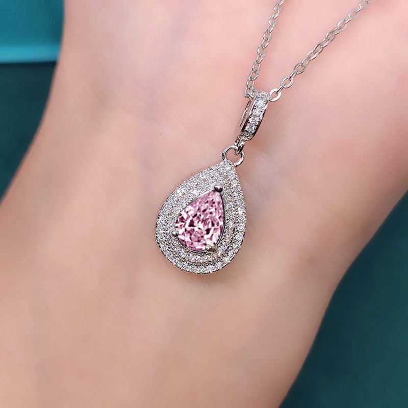 Kalung Liontin Tetes Air Untuk Wanita Pink/Putih/Hijau/Ungu Cubic Zirconia Mewah Trendi Pernikahan Baru Perhiasan