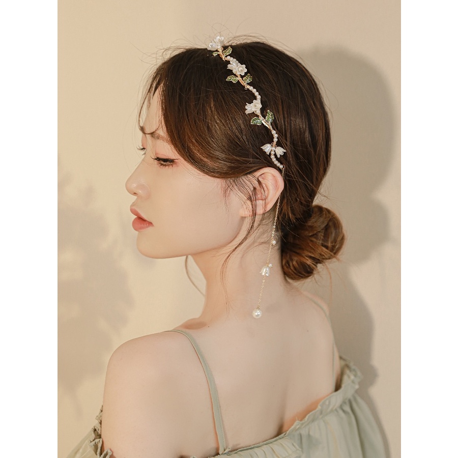 Korea Alloy Mutiara Bunga Bando Manik-Manik Rumbai Gelombang Rambut Band Woman Aksesoris Rambut