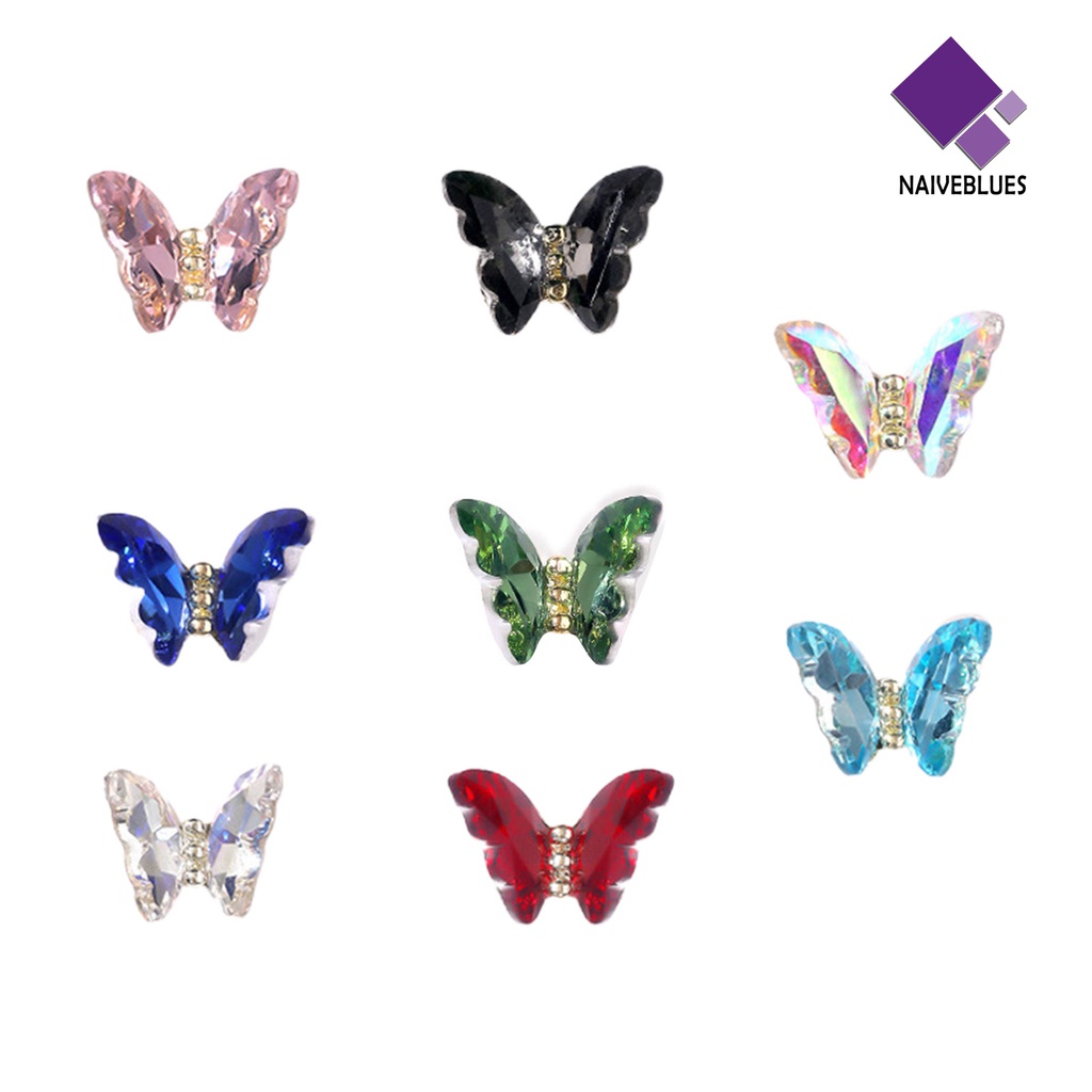 [naiveblues] 10pcs Nail Art Decor Bersinar Tiga Dimensi Gloss Tidak Luntur Kristal Imitasi Manicure Butterfly Nail