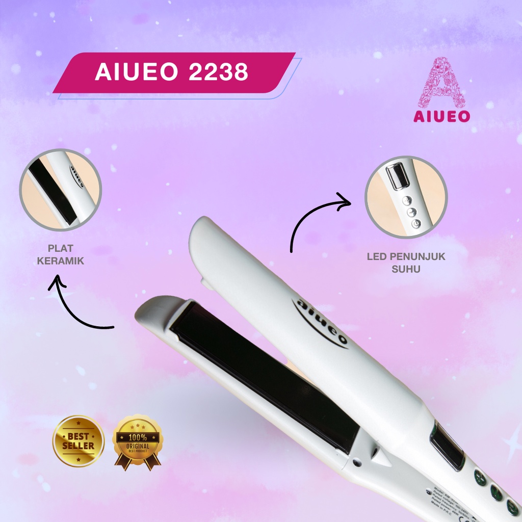 [GARANSI 18BLN]  •  Catokan Curly Rambut - Hair Straightener Salon Profesional AIUEO 2238 Termurah  | Alat Meluruskan dan Keriting | Catokan Smoothing dan Rebonding - Kabel Putar - Warna Putih