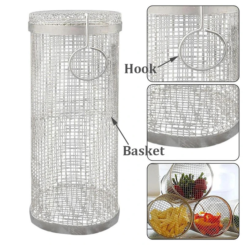 Stainless Steel Rolling Barbecue Mesh Basket Memanggang Keranjang Kawat Silinder Panggangan Sayur BBQ Basket Portable Bulat Outdoor Camping Barbekyu Rak Aksesoris Alat