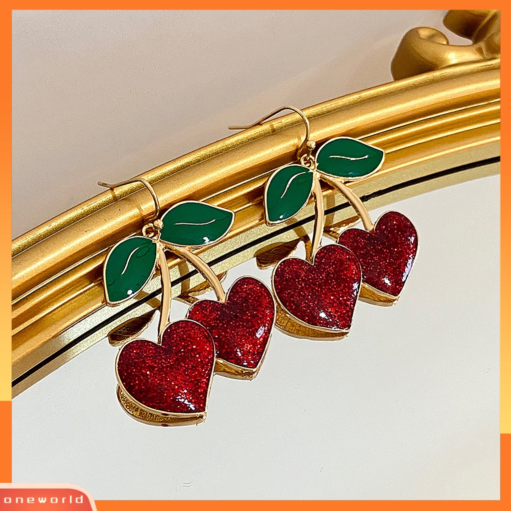 [EONE] 1pasang Anting Kait Lucu Bentuk Buah Daun Hijau Tetesan Minyak Cherry Merah Wanita Drop Earrings Fashion Perhiasan