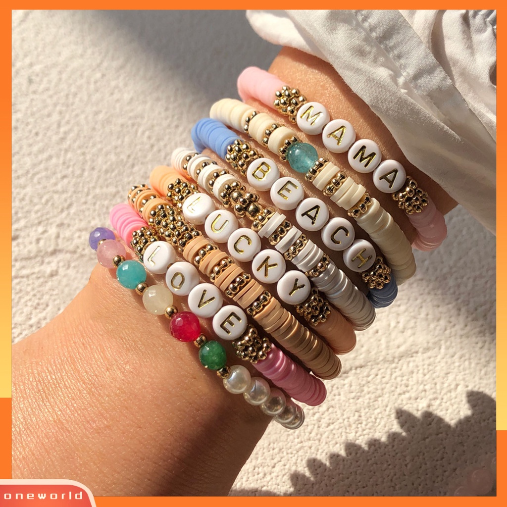[EONE] Wanita Gelang Huruf Bahan Polymer Clay Elastis Indah Ringan Gelang Boho Untuk Pesta