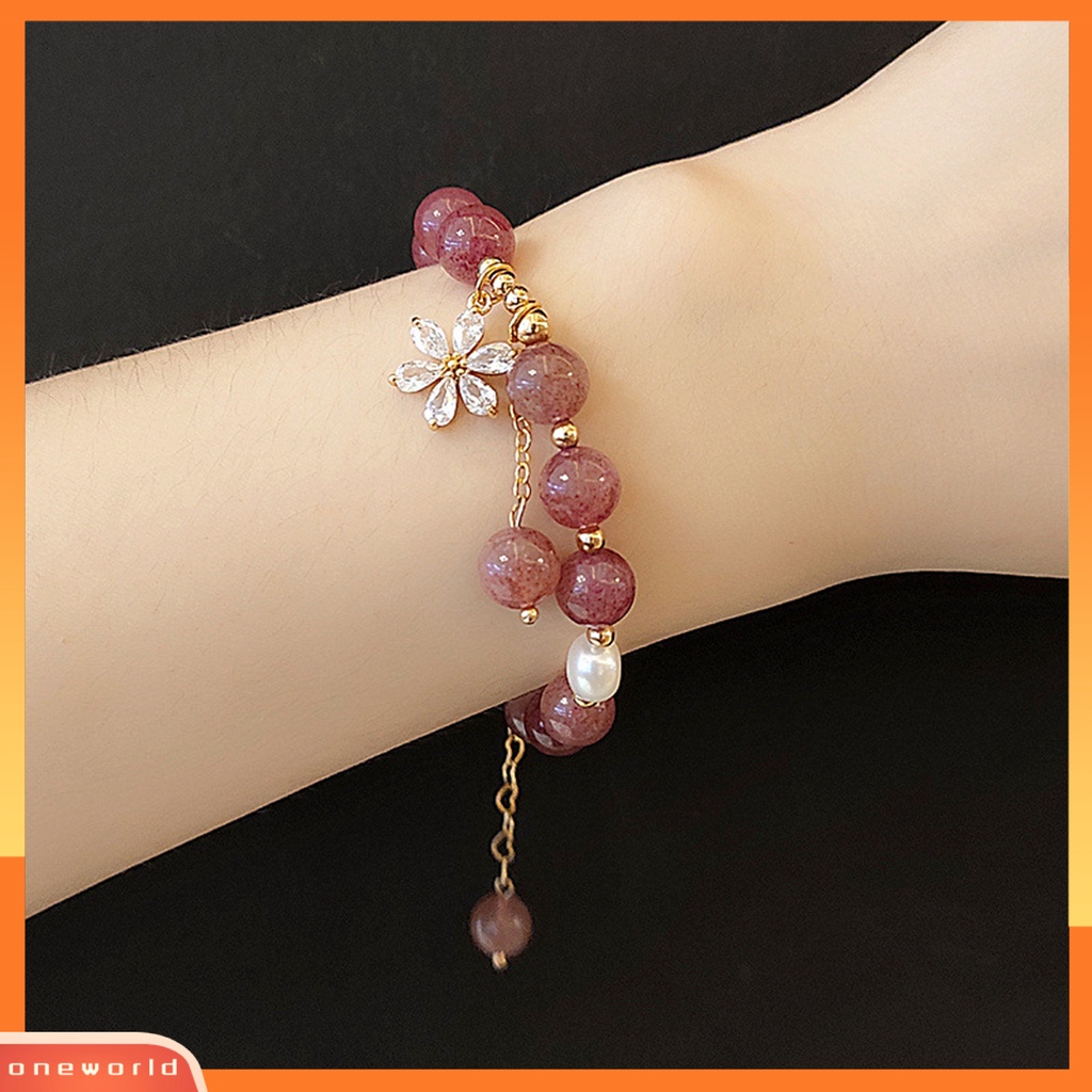 [EONE] Wanita Gelang Manik-Manik Manis Mutiara Imitasi Bunga Cubic Zirconia Hadiah Hias Pink Faux Crystal Beaded Bangle Perhiasan Aksesori Fashion