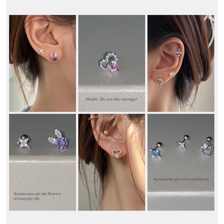 Roselife Keren Manis S925 Perak Biru Pink Kristal Hati Beruang Bintang Stud Anting-Anting Untuk Wanita Perempuan Korea Double-end Screw Earring Ear Cartilage Piercing Ear Jewelry Accessories 1pc