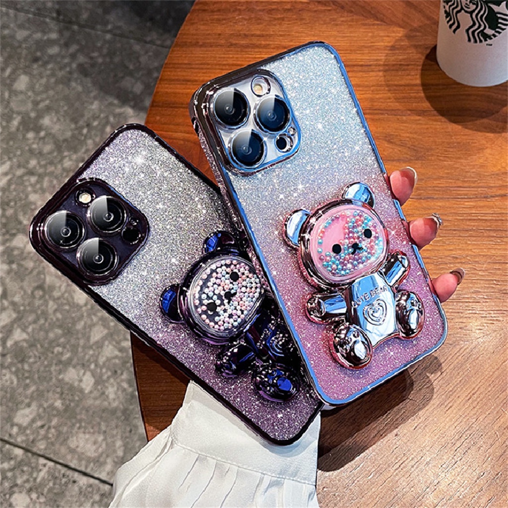 Beruang Kreatif Dengan Stand Case Iphone13 11 12 Pro Max Case14 Plus Case iPhone 14 Pro Max Dengan Kamera Perlindungan Lensa Kedip Mewah Perlindungan Shock Case Lembut