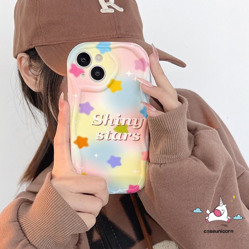 IPHONE Casing Belakang Warna-Warni Kompatibel Untuk Iphone7 8 6s 6plus11 14 12 13 Pro Max XR X XS Max SE 2020 7Plus 8Plus Kartun Bintang Huruf Shockproof Glossy 3D Wavy Curved Edge Soft Cover