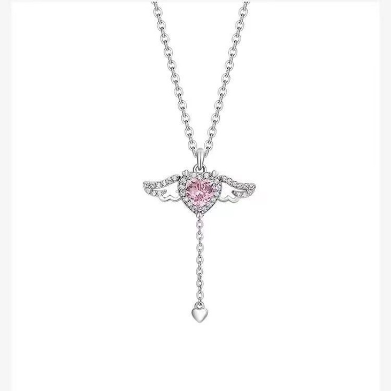 Ahellogirl Cupid Heart Necklace Love Zircon Pink Diamond Romantic Angel Necklace Kalung Hati Mewah