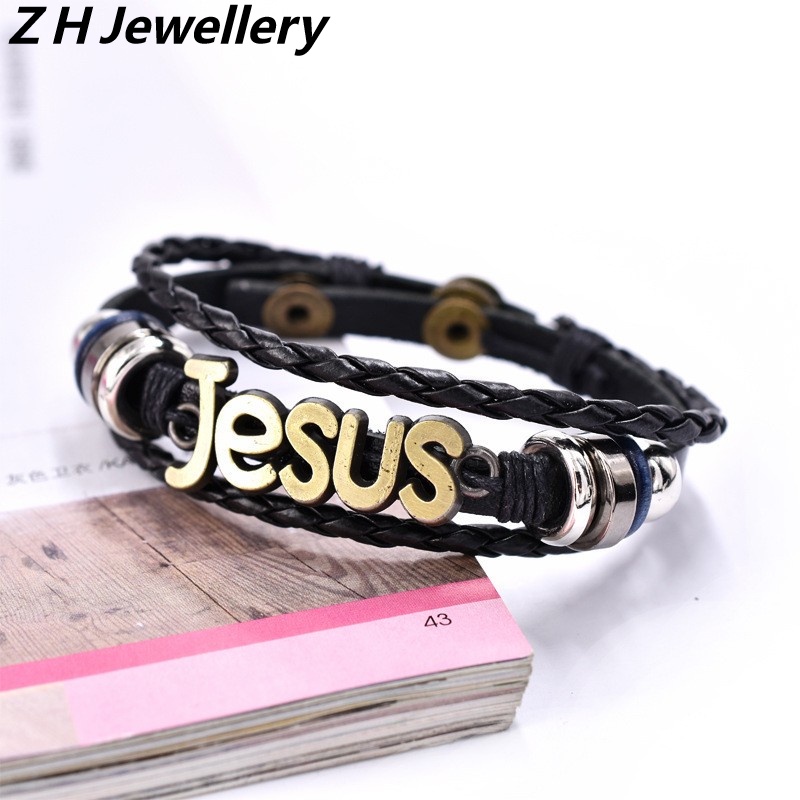 [Z H Perhiasan] Vintage God Bless Beaded Leather Gelang Pria Dan Wanita Fashion Stainless Steel Yesus Multilayer Gelang Punk Pesta Rock Perhiasan Aksesoris