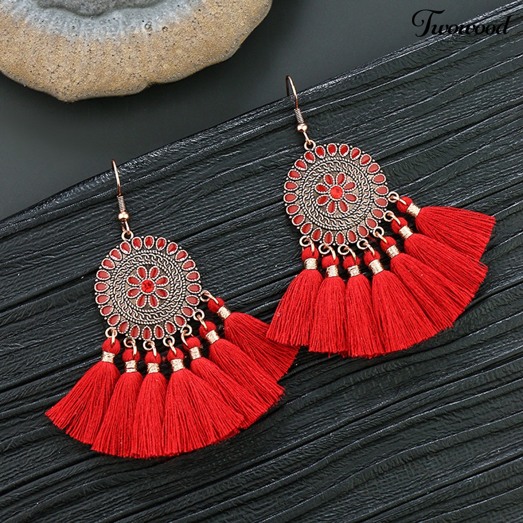 Twowood 1pasang Anting Menjuntai Rumbai Desain Perhiasan Hadiah Merah Wanita Pernikahan Drop Earrings Untuk Festival