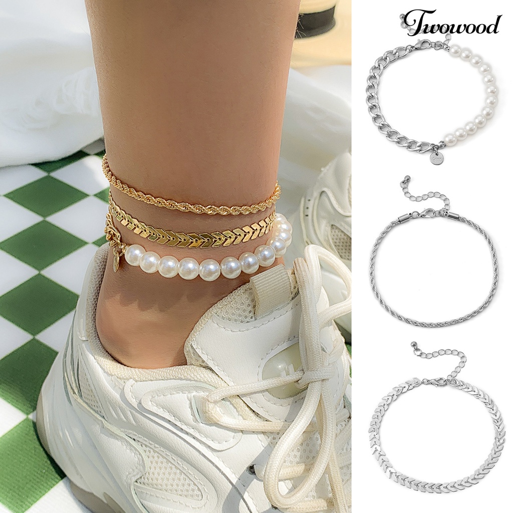 Twowood 3Pcs Wanita Gelang Kaki Twist Rantai Mutiara Imitasi Perhiasan Vintage Multilayer Anklets Footwear