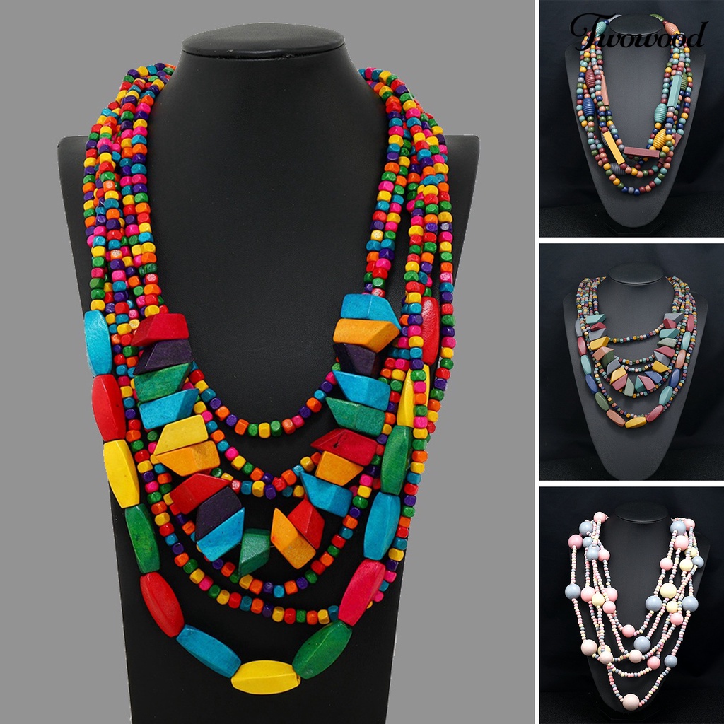 Twowood Pesta Kalung Berlebihan Vintage Multilayer Handmade Colorful Beads Dress Up Fashion Item Etnik Rumbai Kayu Manik-Manik Bib Kalung Pesta Liburan Perhiasan