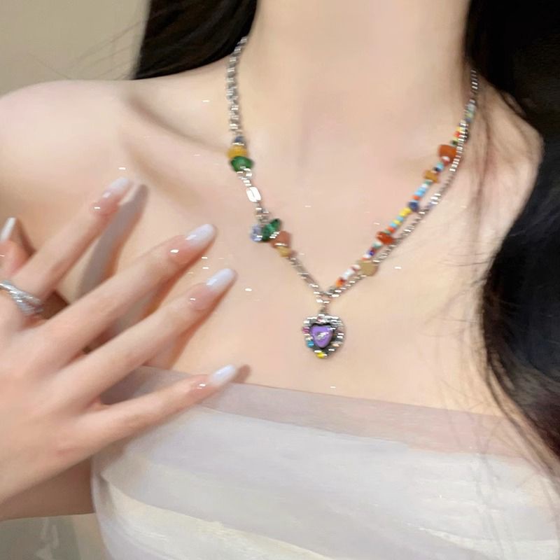 Yeezii Colorful Stone Bead Splicing Kalung Untuk Wanita Minyak Drip Jantung Perak Liontin Rantai Choker Perhiasan Aksesoris