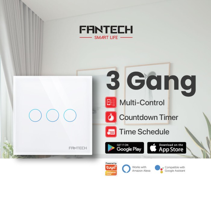 FANTECH Saklar Smart Life Wall Switch 3 Tombol Touch Wi-Fi - SWS0103