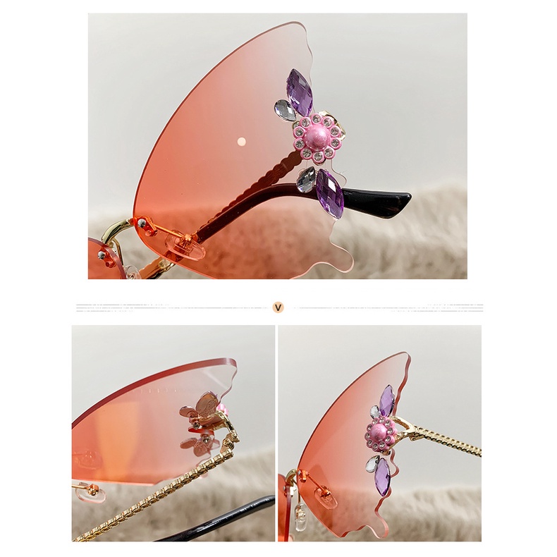 (YUZHU) Western Fashion Butterfly Rimless Sunglasses Kacamata Hitam Gradasi Berlian Untuk Wanita