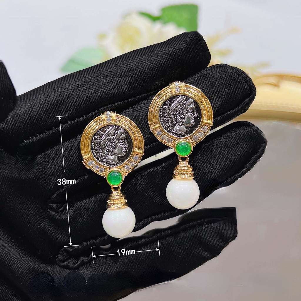 Goldkingdom Fashion Perhiasan Aksesoris Ready Stock French Vintage Figure Anting Mutiara Relief Wanita Dewa Matahari Apollo Coin Stud Earrings