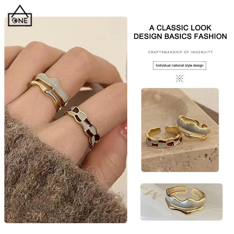 COD❤️3pcs Cincin Retro Wanita Emas Papan Catur Kotak-kotak yang dapat disesuaikan-A.one