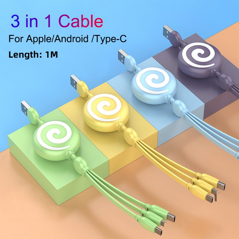 3in1 3A Tipe C Kabel Micro USB Untuk iPhone Ditarik Kabel Pengisian Cepat USB Wire Cord Kabel Silikon Cair 1M