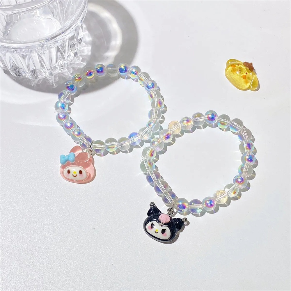 Gelang Manik-manik Kaca Cinnamsanrio Hati Anak Perempuan Gelang Pasangan My Melody Kuromi Perhiasan Gelang Buatan Tangan Manik-manik Batu Bersinar