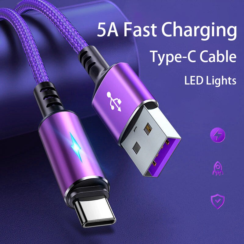 3a Kabel USB Tipe C 5A USB C Fast Charge Kabel Data Nylon Braided Charger USB Cable Untuk iPhone Huawei Realme Kabel Aksesoris Telepon Dengan Indikator LED