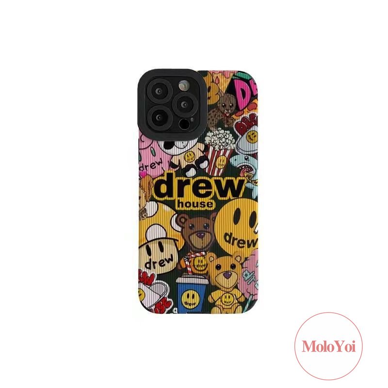 Mewah Tekstur Kulit Lembut Tpu Shockproof Phone Case Kompatibel Untuk IPhone XR XS X Max 7Plus 11 14 13 12 Pro Max7 8 Plus 11 Pro Max Trendi Merek Drew House Kartun Smile Cover