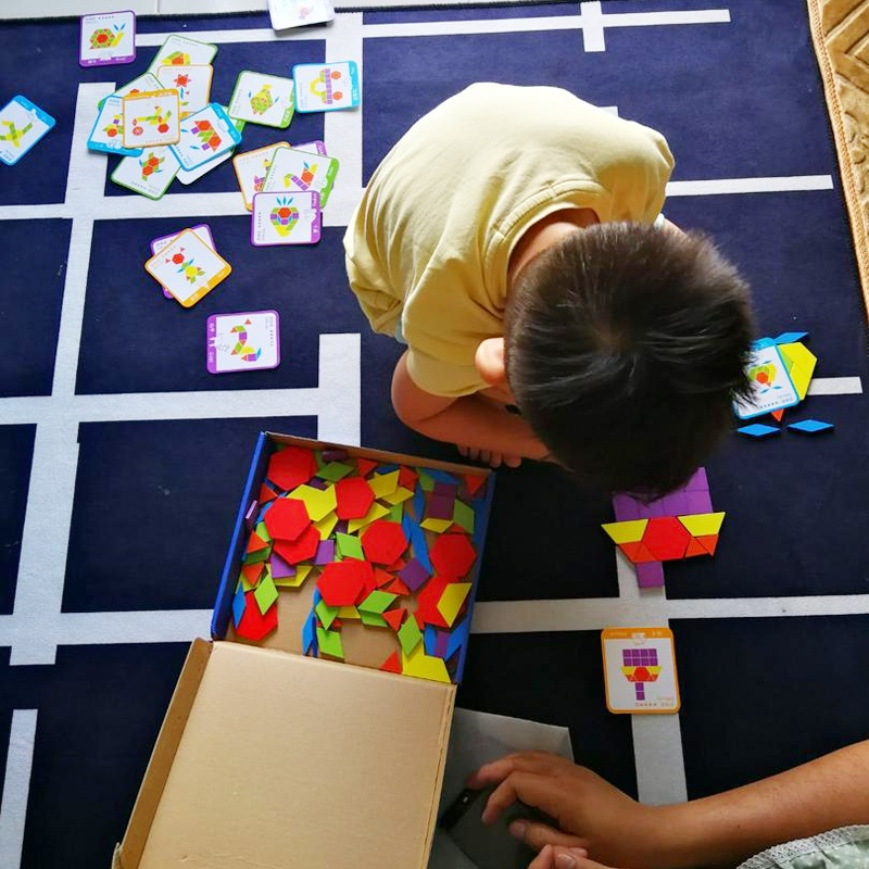 155pcs Set Blok Pola Kayu Anak Bentuk Geometris Mainan Puzzle Montessori Edukasi Dini Tangram Mainan