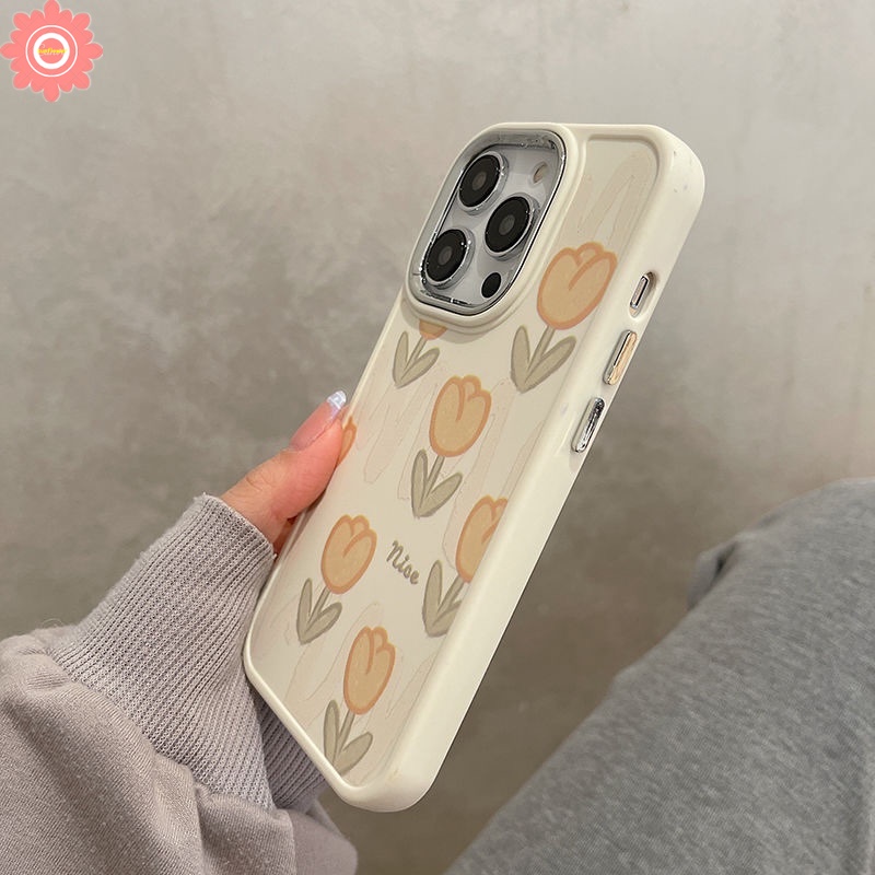 Bunga Tulip Segar Casing Ponsel Kompatibel Untuk IPhone XR 7plus 11 14 12 13 Pro MAX 11 Pro MAX X7 8 Plus XS MAX Electroplate Metal Lens Frame Shockproof Soft TPU Back Cover