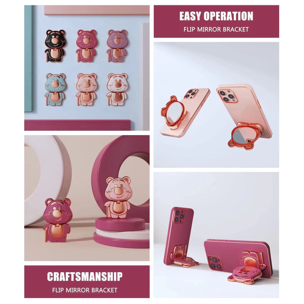 Kartun Strawberry Bear Braket Ponsel Multifungsi Braket Handphone Mini Strawberry Bear Desktop Bracket360 ° Cermin Rias Rotasi